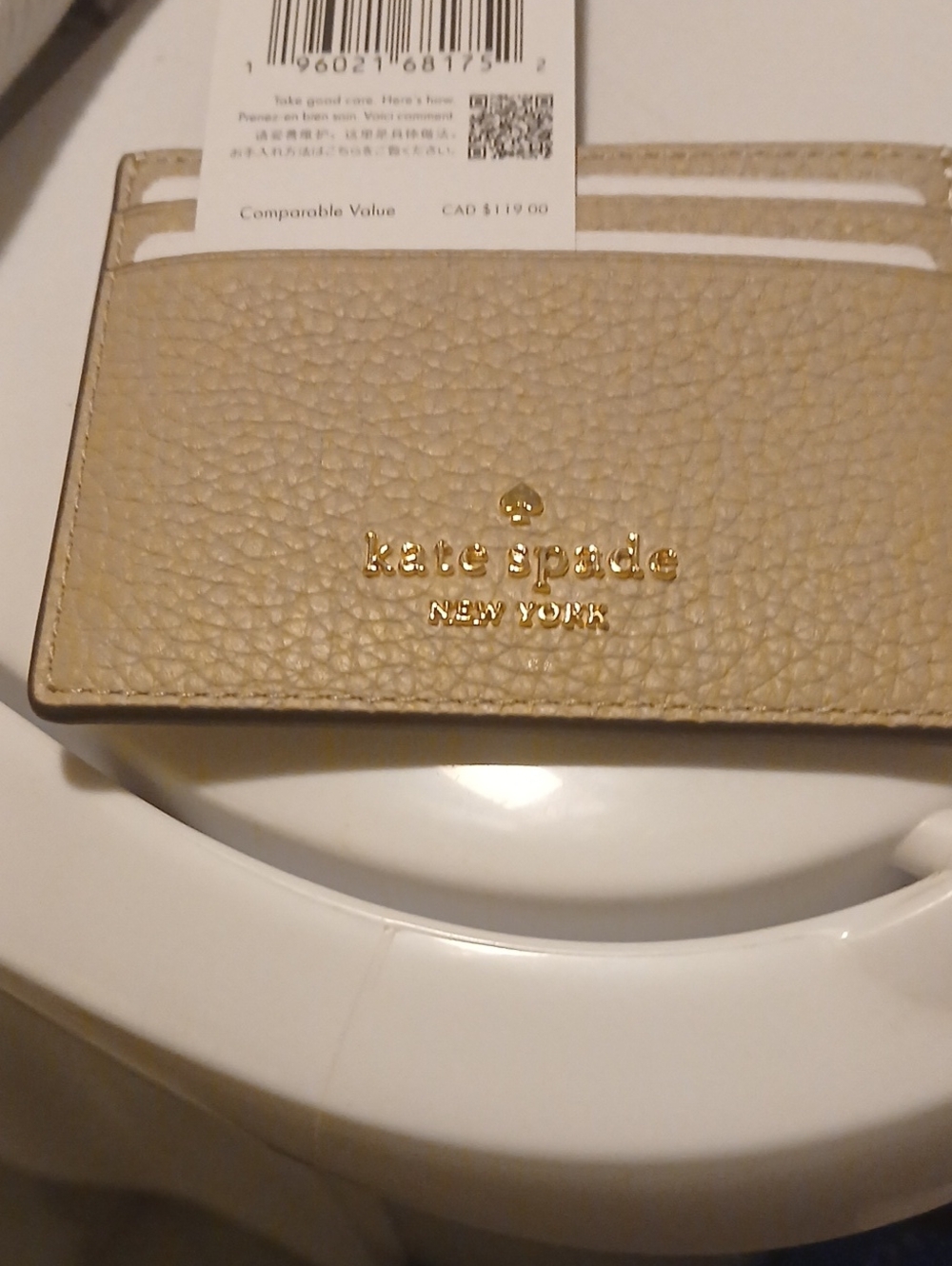 kate spade Pebbled Leather Card Holder Wallet - Light Beige with Gold Logo